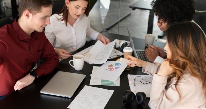 A group of professionals in a modern office setting, discussing PR strategies and campaigns for their clients